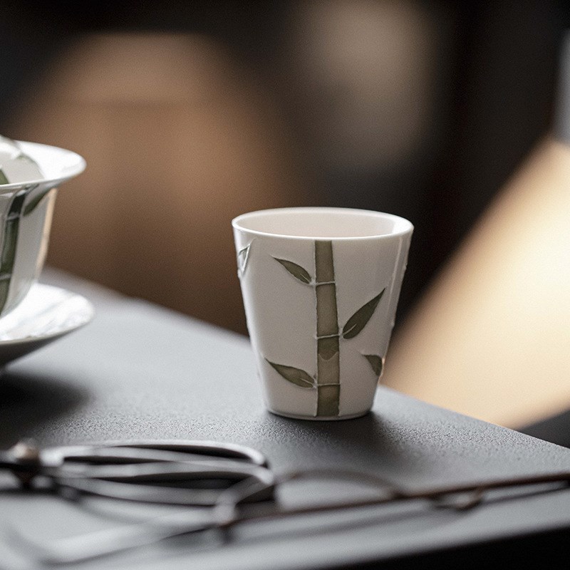 创意手绘堆雕竹子茶杯功夫茶具陶瓷品茗杯仿古家用聚香杯小清新