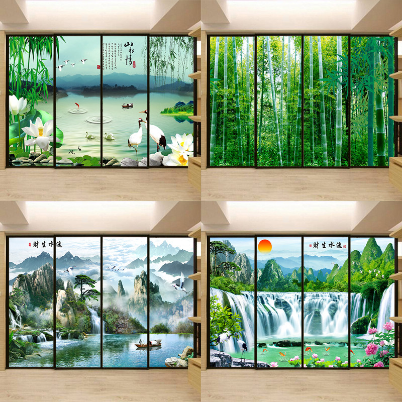 山水情移门玻璃贴纸自粘玻璃贴膜风景竹林推拉门窗户贴纸流水生财
