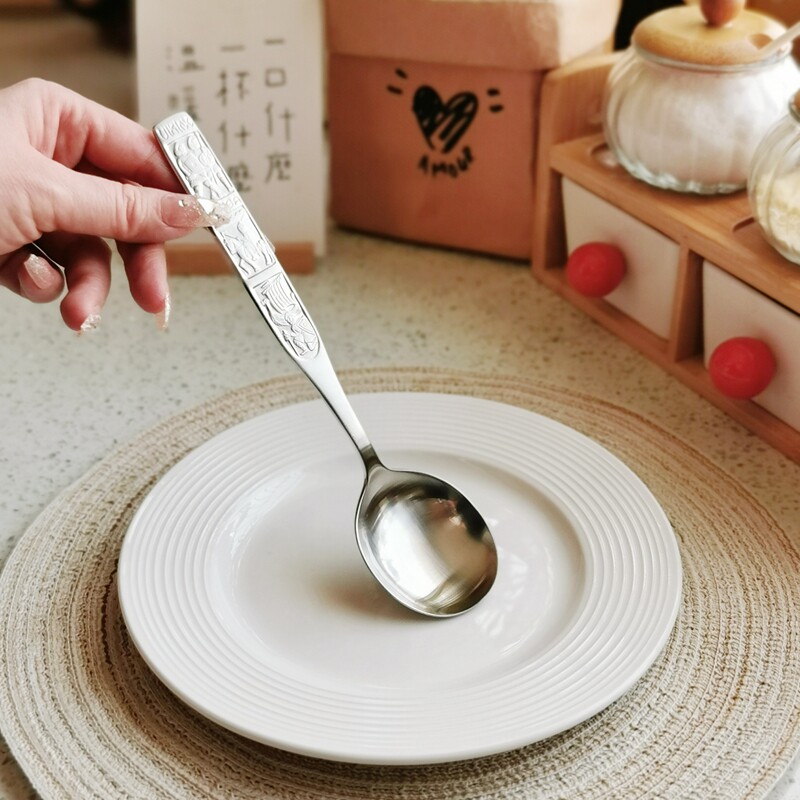 厚重圆头304不锈钢大勺子创意复古浮雕吃饭长餐勺拌饭勺汤匙调羹