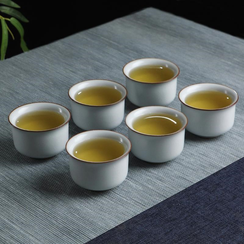 月白汝窑开片品茗杯陶瓷中式直口茶具泡茶单杯家用6个客杯小茶杯