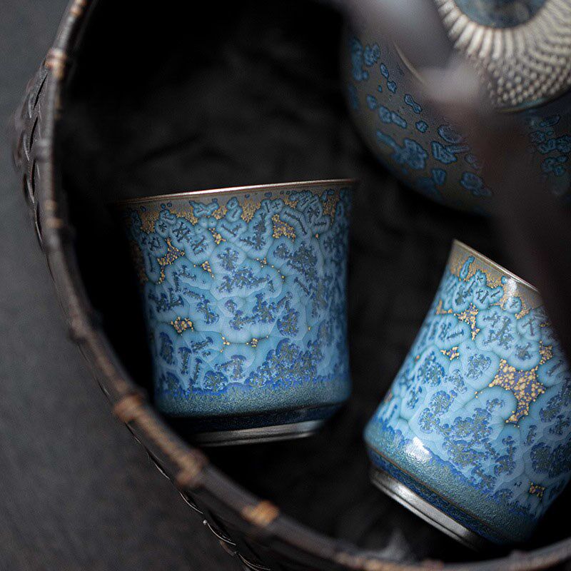 鎏银窑变蓝黛品茗杯茶杯陶瓷主人杯功夫茶具闻香杯聚香杯