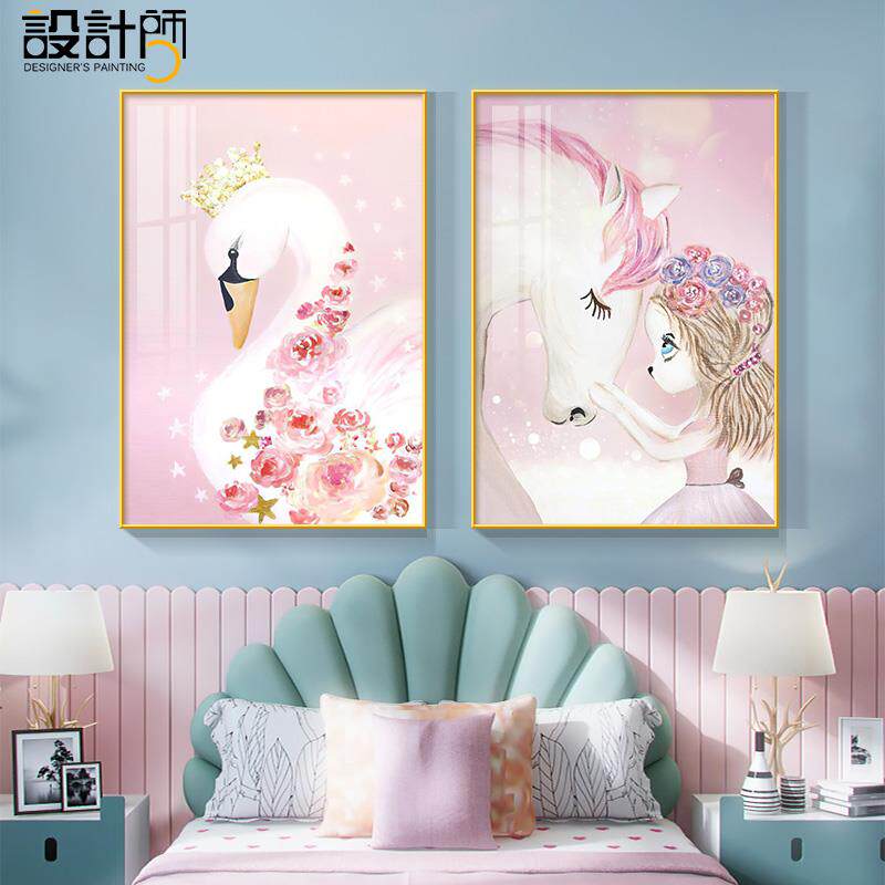 卧室装饰画女孩女生粉色少女心房间墙面上壁画卡通儿童房床头挂画
