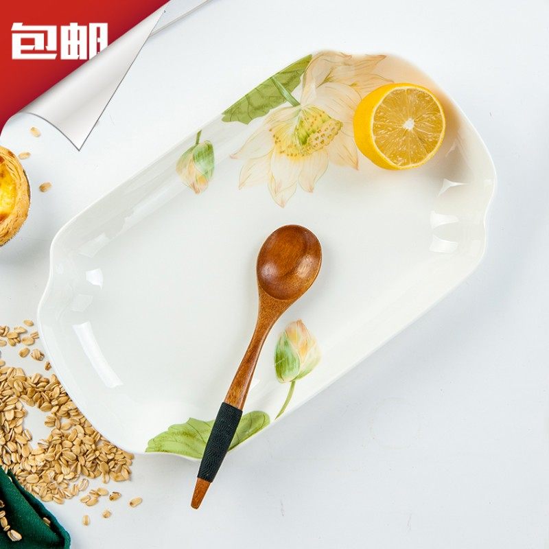 家用骨瓷蒸全鱼盘碟子11.5英寸菜鱼盘长方形11寸陶瓷花边深汤鱼盘