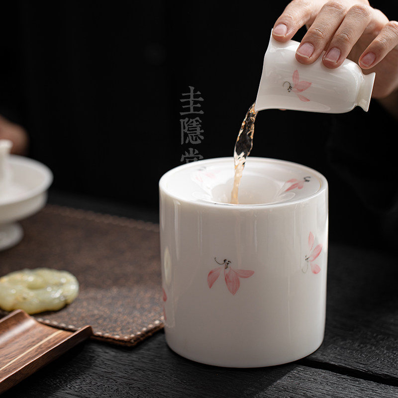 圭隐堂羊脂玉瓷手绘粉兰花陶瓷烟灰缸家用迷你建水洗水茶渣缸茶盂