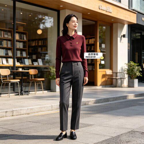 乐卡克女士长袖翻领POLO衫