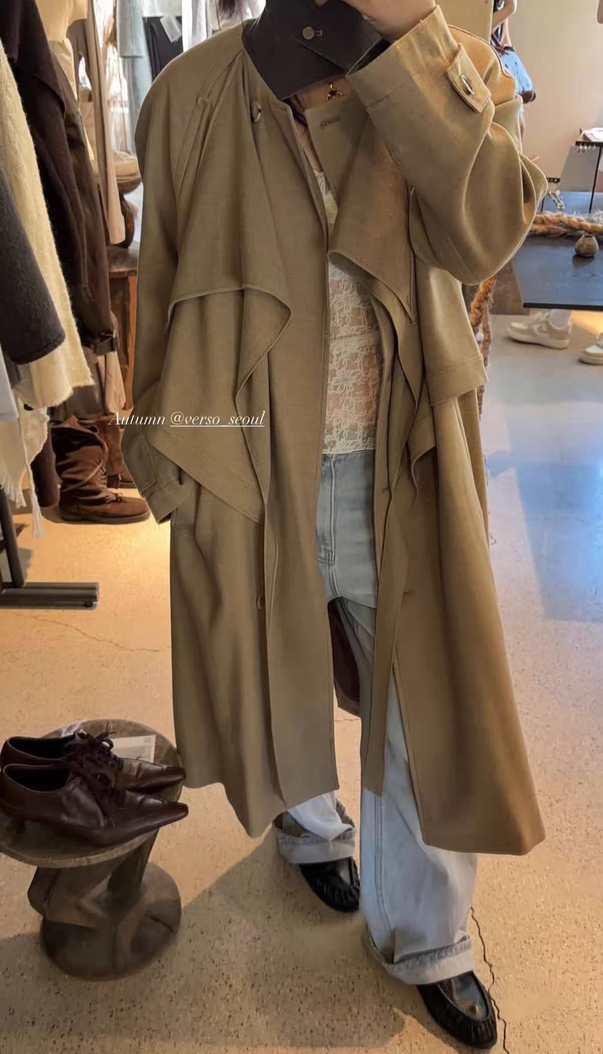 韩国品牌 verso 设计感 皮革拼接领风衣
