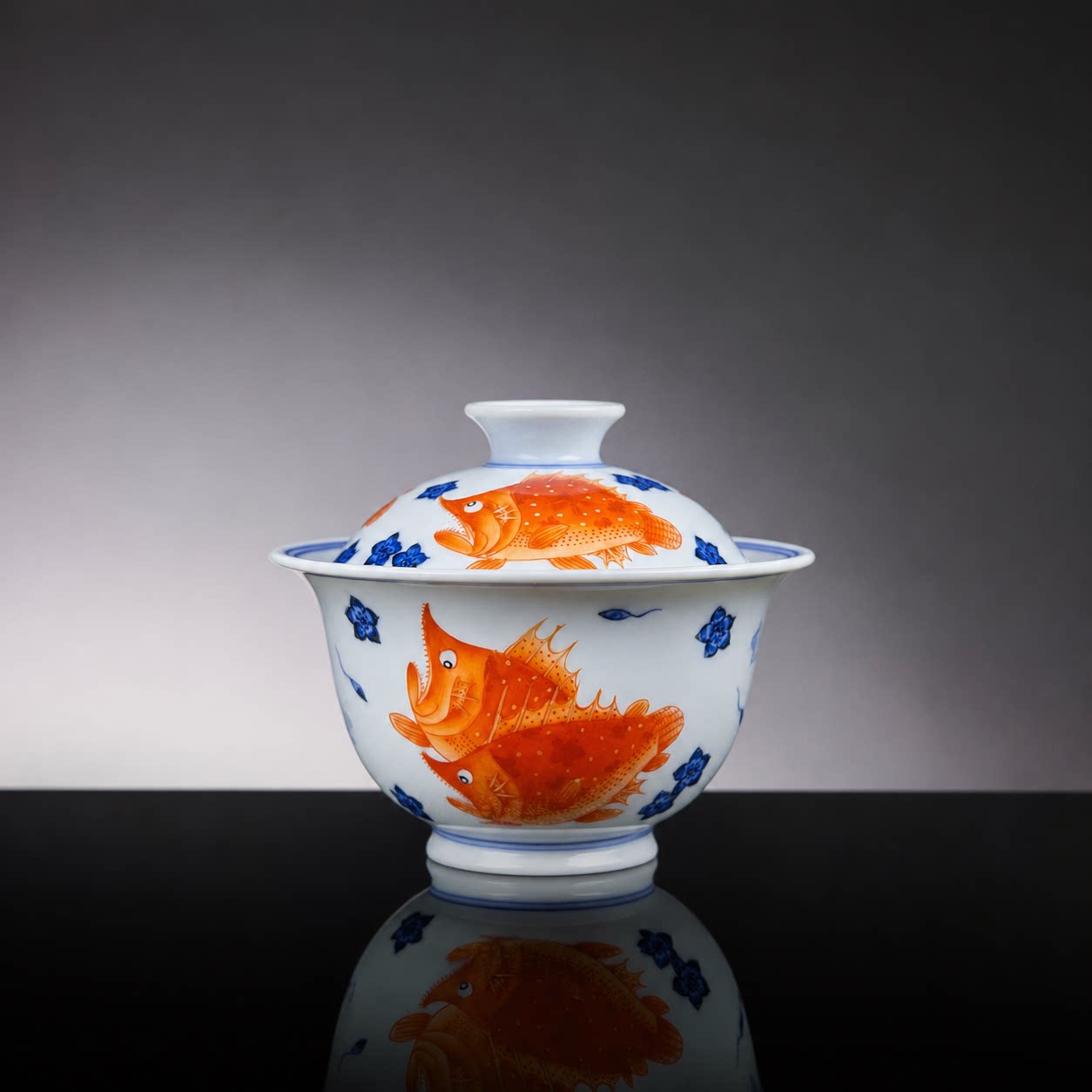 牧山堂青花矾红描金桃花鳜鱼描金手绘盖碗景德镇陶瓷手工茶杯高端