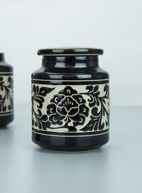 磁州窑国色牡丹纹小陶瓷茶罐带盖茶叶罐陶瓷存储罐家用密封罐防潮