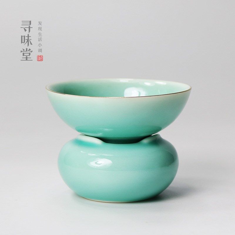 描金青瓷茶漏 茶滤唐月窑茶汤过滤器家用中式陶瓷功夫茶具滤网