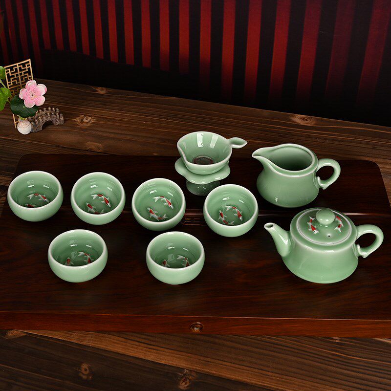 精品青瓷家用客厅双鱼功夫茶具创意中式陶瓷茶壶茶杯组合10头套装