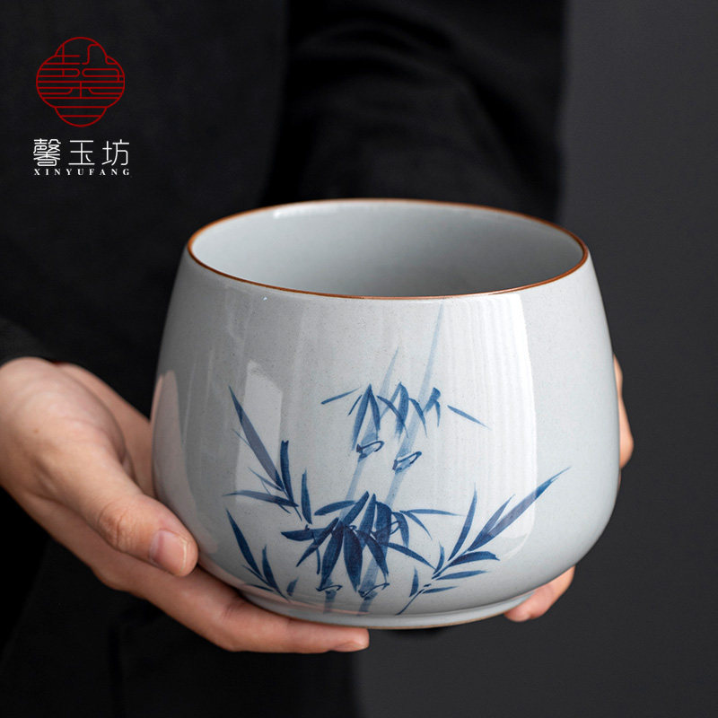 釉下彩手绘竹韵陶瓷茶渣缸复古泡茶废水缸功夫茶具茶洗茶桌水盂
