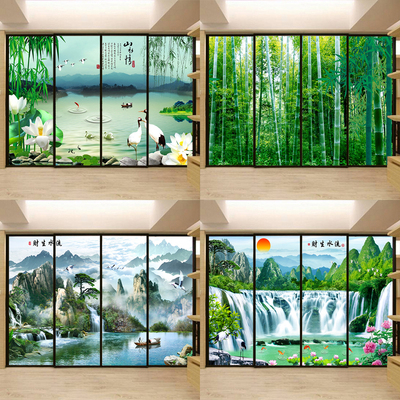 山水情移门玻璃贴纸自粘玻璃贴膜风景竹林推拉门窗户贴纸流水生财