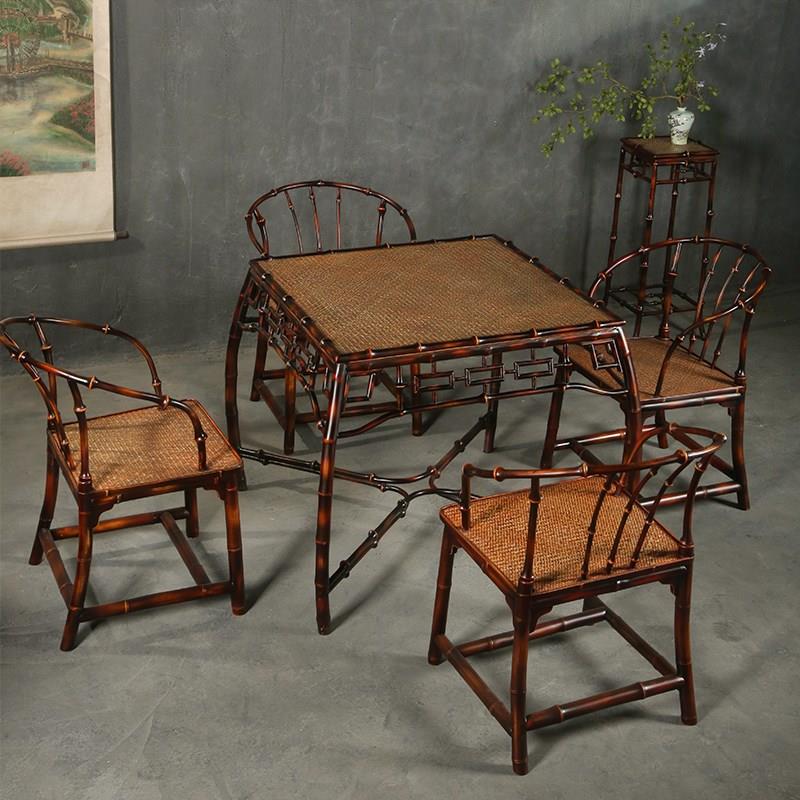 仿古中式大漆筇竹竹制家具茶几茶桌椅组合方桌家用小茶台茶室家具