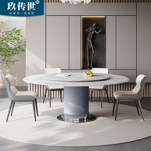 高端超晶石餐桌微晶石家用小户型圆桌带转盘天然大理石圆形吃饭桌