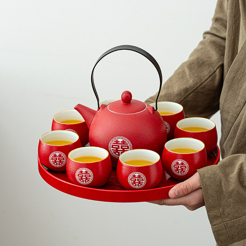 红色婚庆茶具磨砂提梁茶具套装结婚整套敬茶壶杯喜庆待客杯子套装