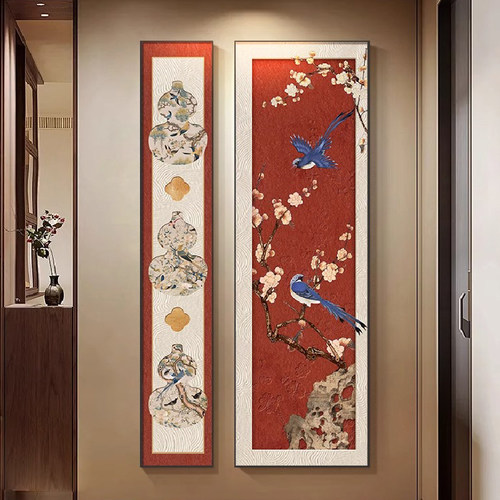 花鸟图中古风竖版入户玄关装饰画高级感法式复古走廊过道尽头挂画