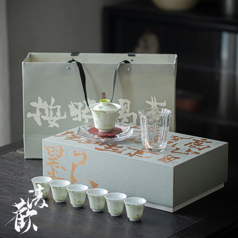 清欢丨小苍翠手绘竹子茶具套组 整套手工陶瓷盖碗茶杯礼盒装