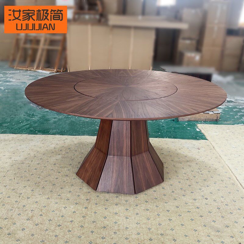 圆餐桌转盘底座高端圆形胡桃实木餐桌实用创意大圆桌内嵌转盘