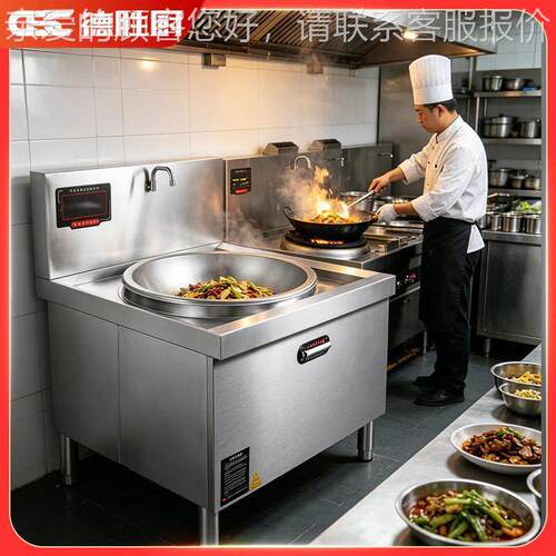 新款不锈钢电磁大锅灶酒店炒炉厨房设备食堂大功率15KW商用电磁炉