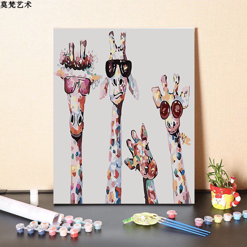 数字油画diy填充手工填色长颈鹿一家四口温馨美好涂色丙烯油彩画