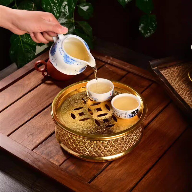 泰国功夫茶具茶台办公会客家用圆形精雕锡制茶托盘大容量沥水茶盘