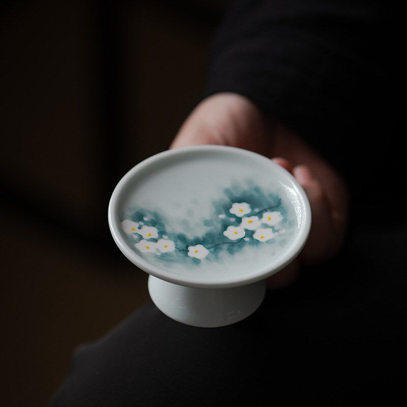 粉青手绘腊梅盖置陶瓷茶壶盖碗盖子置放底托功夫茶具配件茶桌摆件