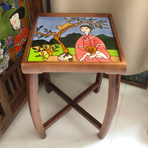 33X33X50厘米实木浮雕镶嵌立体手绘陶瓷折叠桌沙发边几可拆卸茶桌