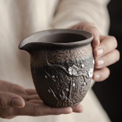 手工鎏金粗陶公道杯茶海分茶杯手绘茶海陶瓷倒茶公杯匀杯茶具配件