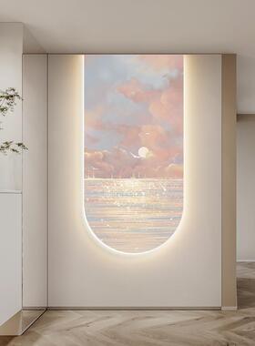 2024新款粉色大海法式奶油风入户玄关装饰画过道走廊客厅挂画壁灯