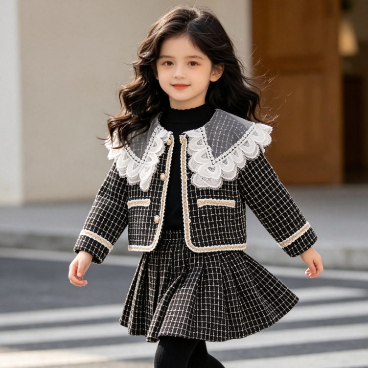 儿童套装2026春秋新款女宝宝小香风格子裙两件套