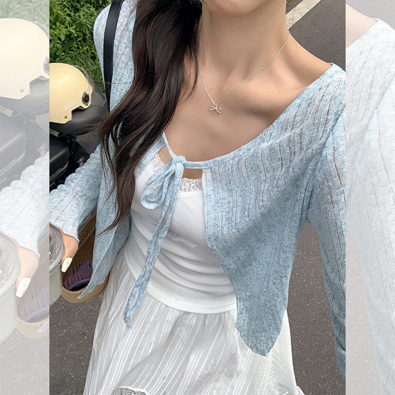 蓝色温柔风系带薄款防晒针织开衫女2026夏季微透宽松外搭短款上衣