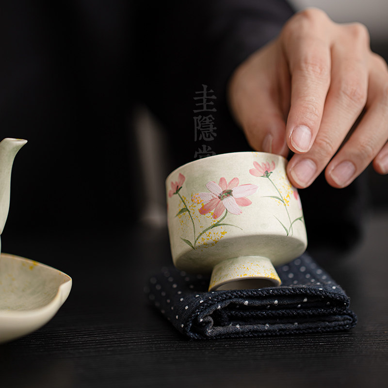 圭隐堂粉引手绘格桑花陶瓷女士功夫茶杯家用主人杯品茗杯个人单杯