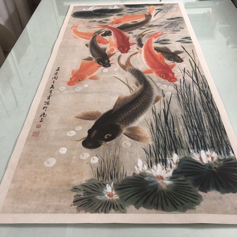 吴青霞九鲤图立轴书画写生国画真迹高清原大微喷仿古装裱挂画装饰