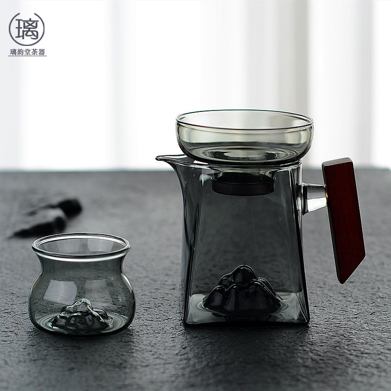 玻璃公道杯透黑木把加厚耐热茶具分茶器茶漏一体大号观山高档茶海