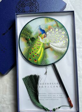 苏州 纯手工 双面绣花复古团扇古风汉服舞蹈扇国风长柄扇子工艺扇