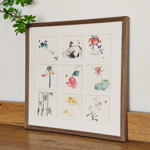 新款中式九宫格复古水墨花卉实木装饰画玄关客厅卧室床头挂画定制