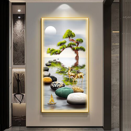 2024新款玄关装饰画迎客松走廊尽头过道挂画灯光画入户正对门壁画
