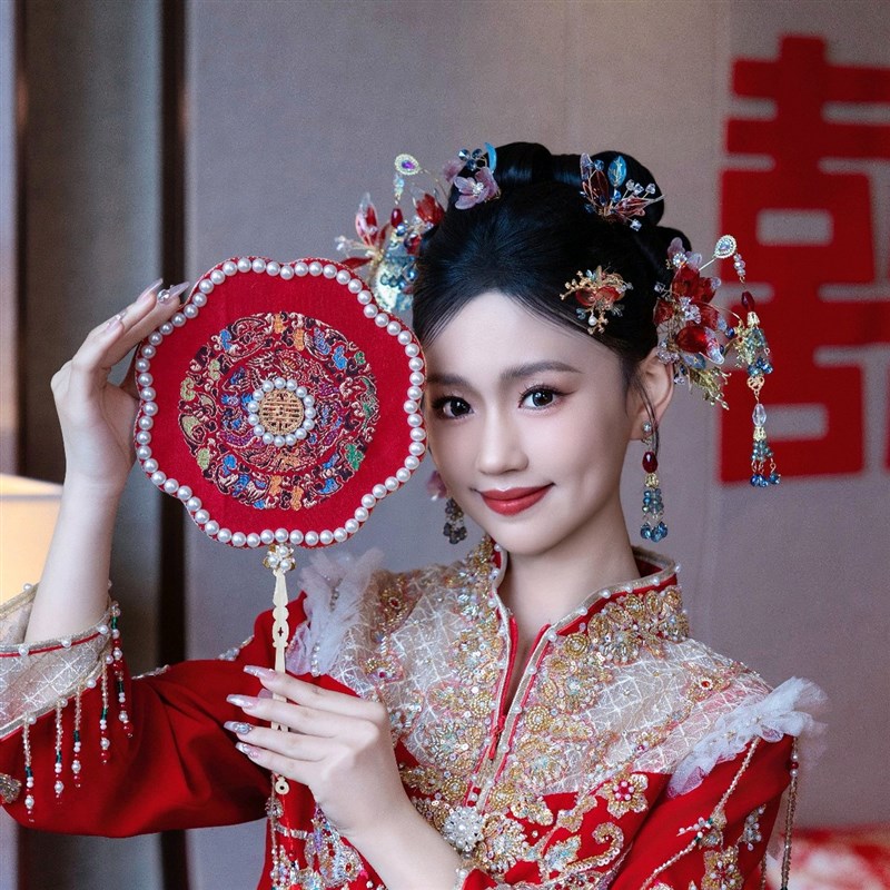 团扇新娘结婚diy材料扇子秀禾婚扇喜扇婚礼高级中式成品刺绣双面