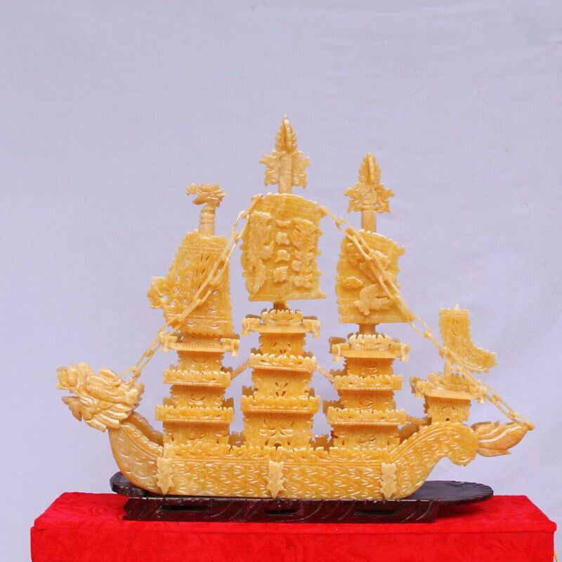 天然玉器一帆风顺黄玉80CM龙船工艺品办公室家居饰品米黄玉石摆件