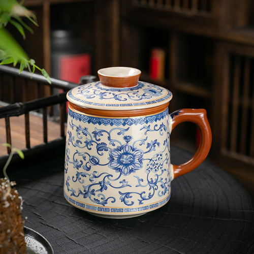 青花办公杯全瓷过滤水杯陶瓷大容量喝茶杯个人杯汝窑会议杯泡茶杯