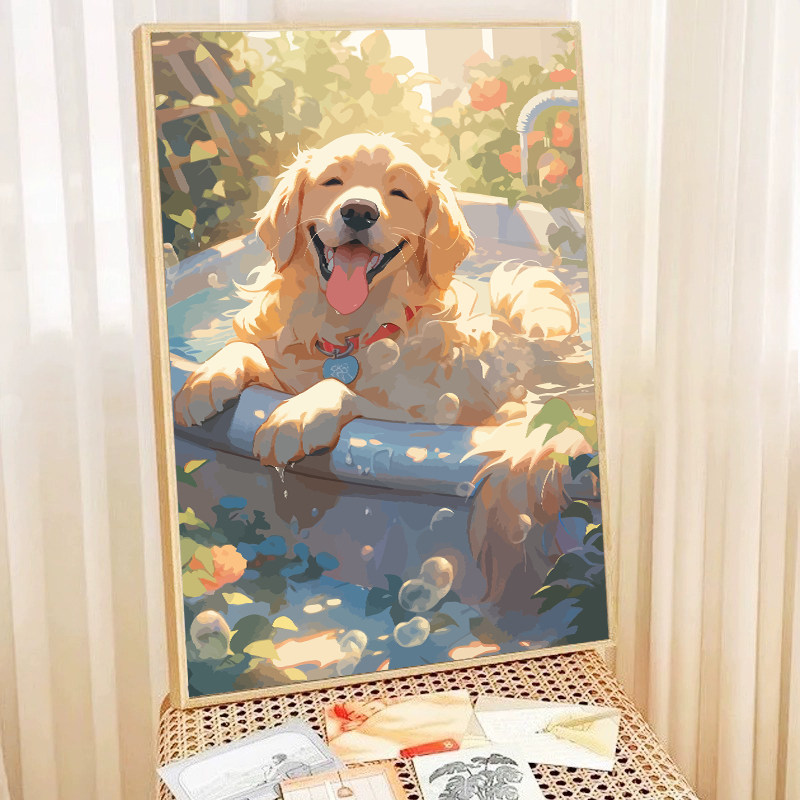 可爱金毛犬狗狗数字油画diy填充涂色填色画画手绘手工油彩装饰画