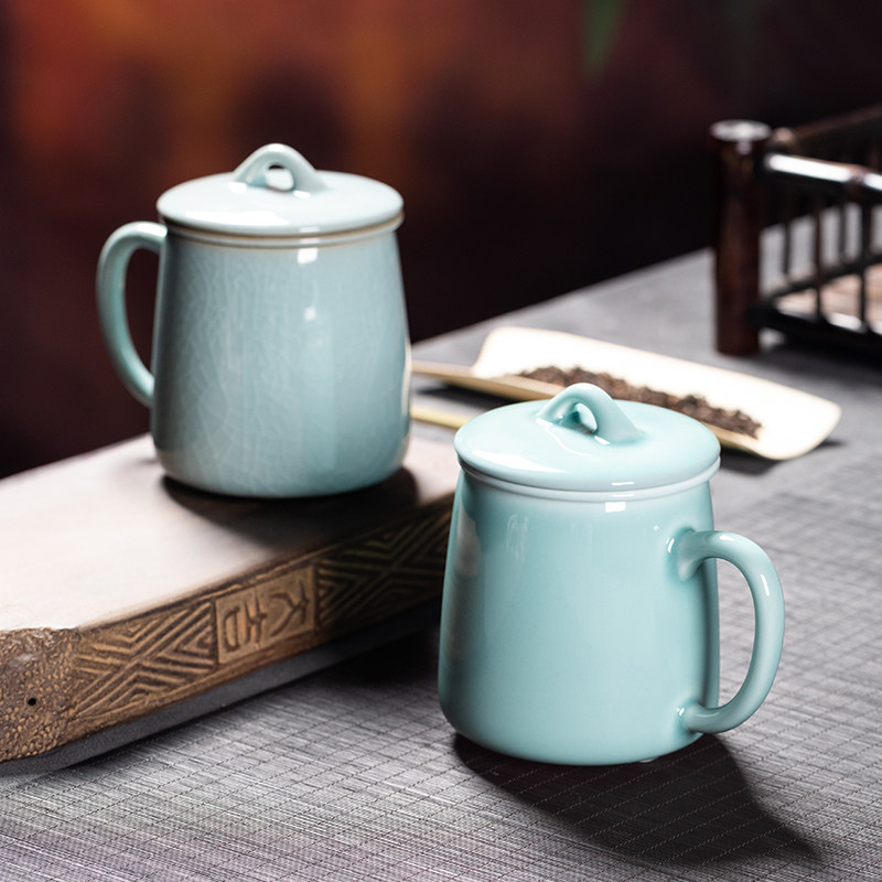 龙泉青瓷陶瓷茶杯中式办公杯带盖过滤同心杯耐高温大号家用茶水杯