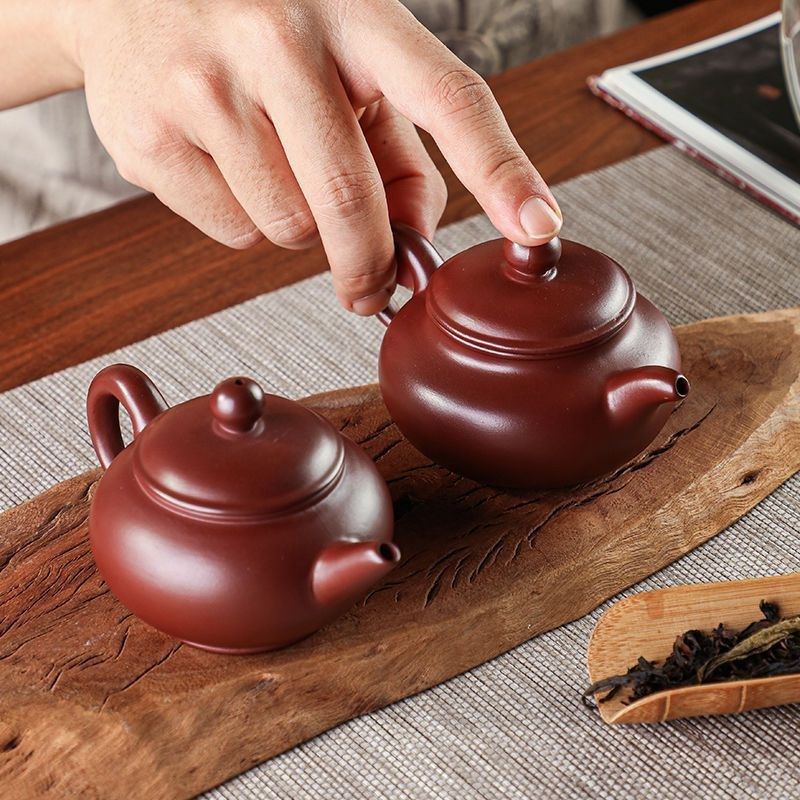 潮州手拉壶朱泥梨壶紫砂壶半手工大红袍茶壶功夫茶具家用单壶小号