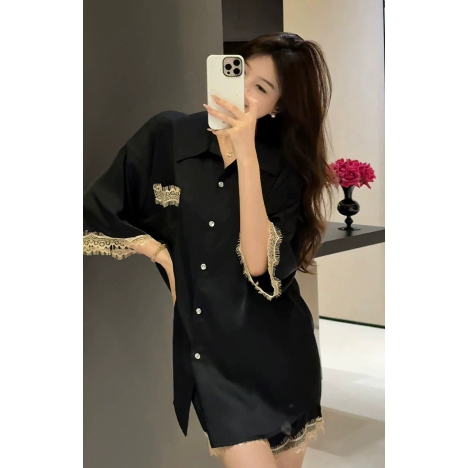 秋季衬衫裙蕾丝边休闲家居服套装高级感冰丝显瘦短裤睡衣女可外穿