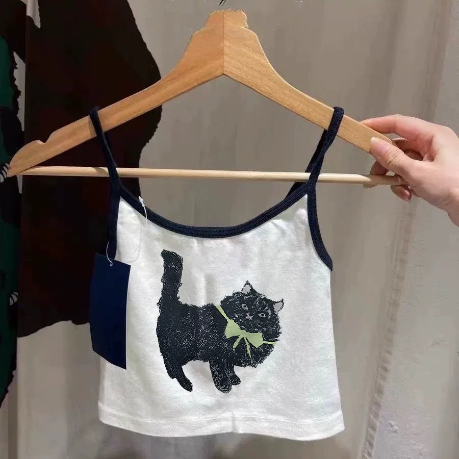 女童夏季韩版上衣可爱猫咪吊带背心儿童洋气无袖T恤女宝宝纯棉装