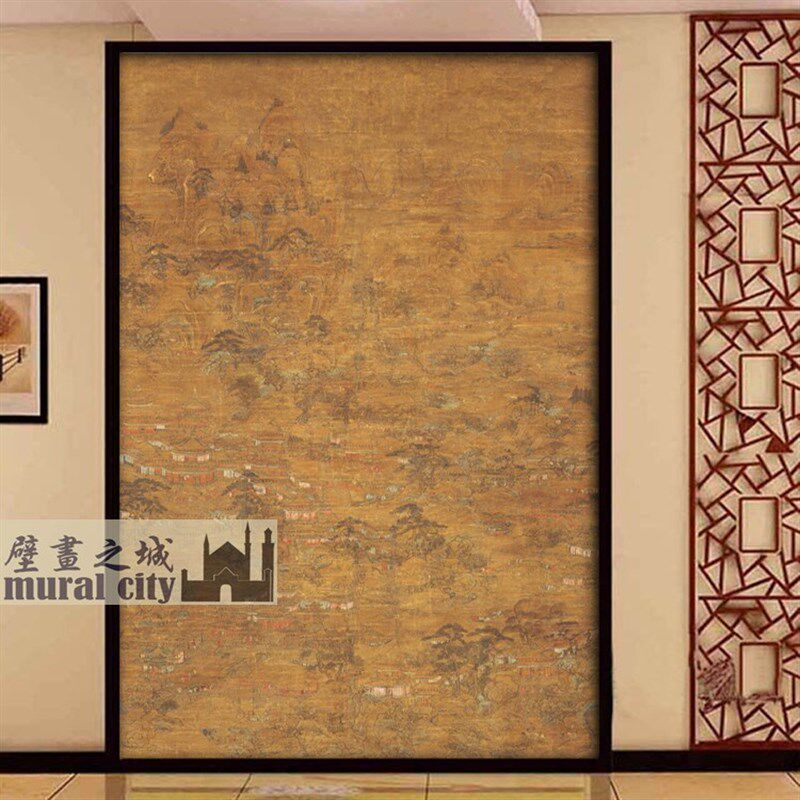 中式复古风壁纸古画国风宫苑图墙纸墙布摄影书房玄关壁画背景墙