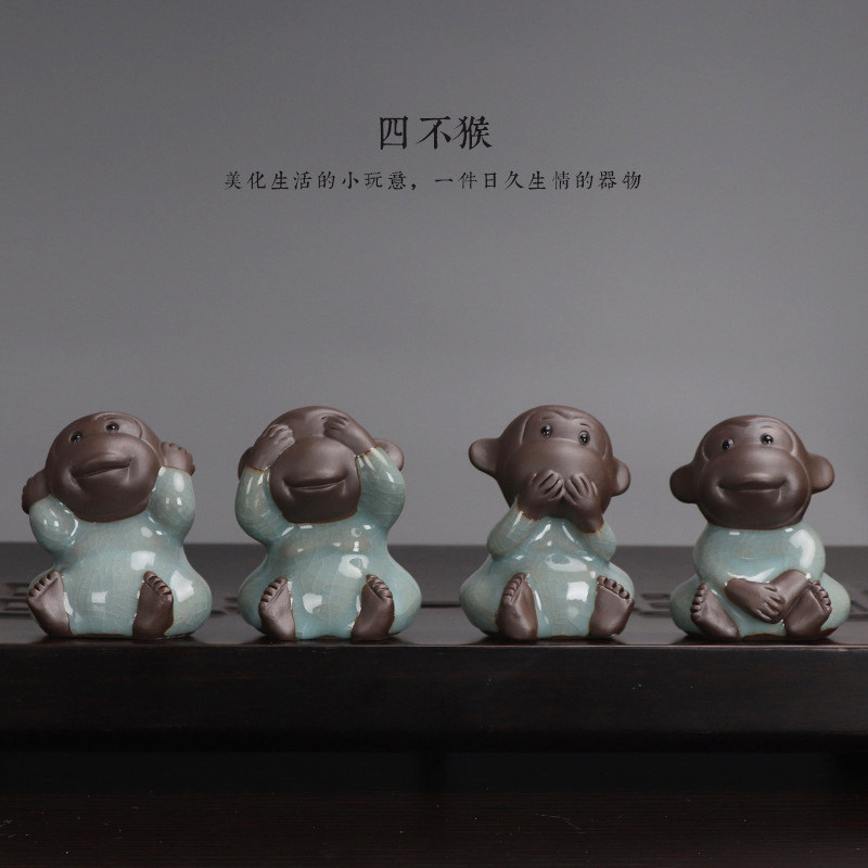 哥窑三不猴茶宠精品摆件陶瓷不说不听不看可养四不小猴子家居茶玩