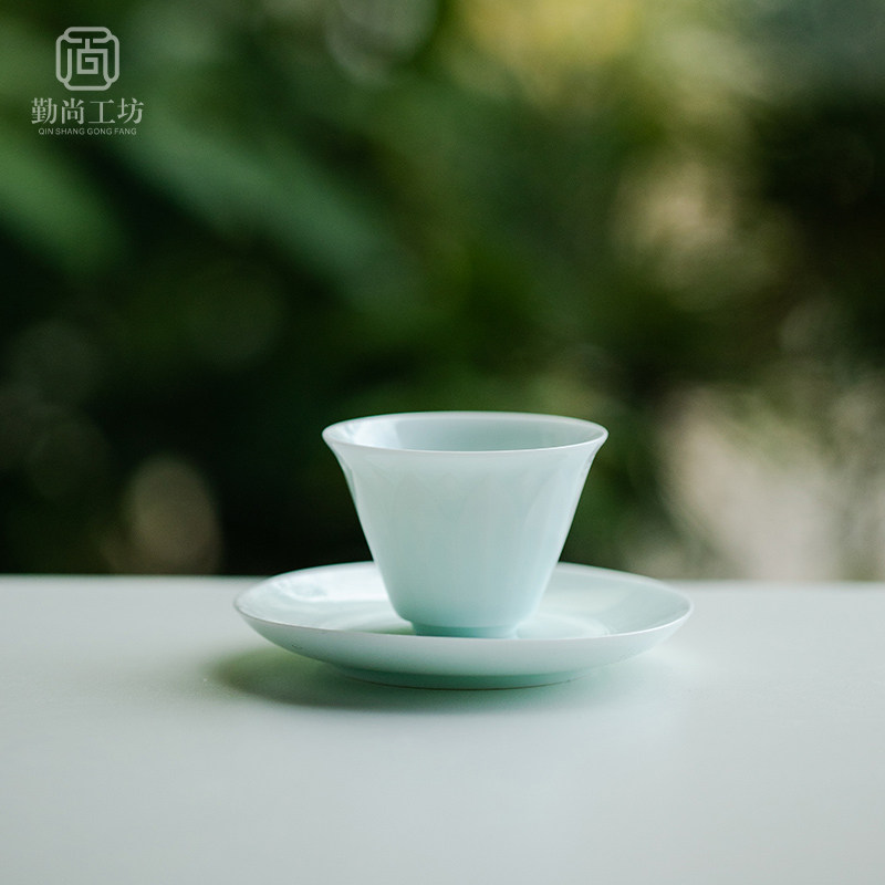 影青手工陶瓷小茶杯品茗杯加垫组合家用功夫茶具主人杯喝茶杯单杯