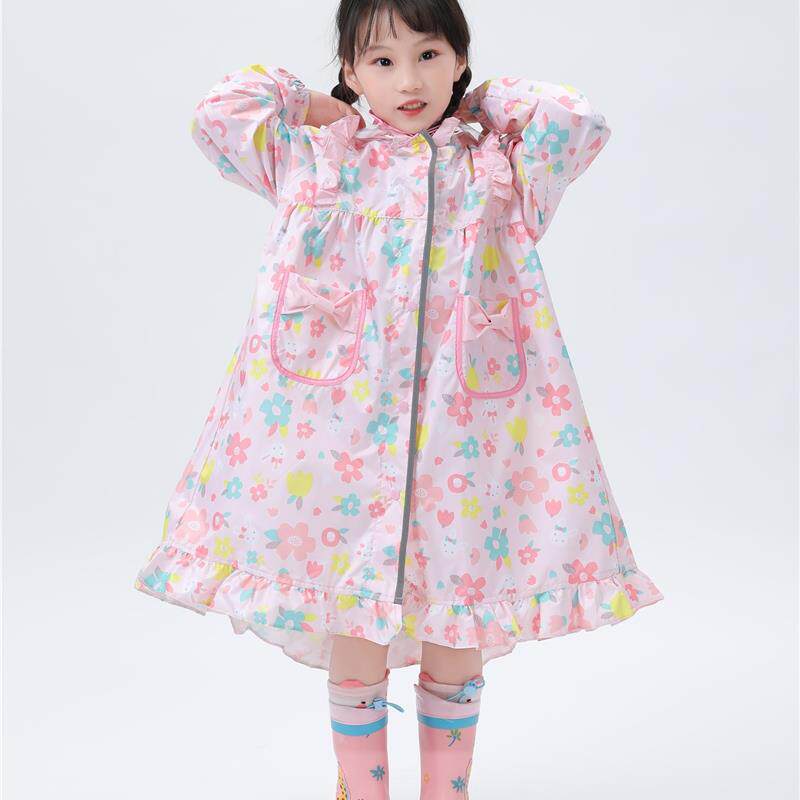 儿童女孩2025中长款全身防水带书包位学生女孩雨衣雨披花朵出口款