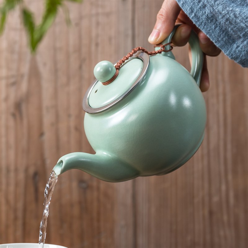 汝窑茶壶陶瓷茶壶可开片汝瓷大号仿宋茶壶可养红茶泡带内胆茶壶器